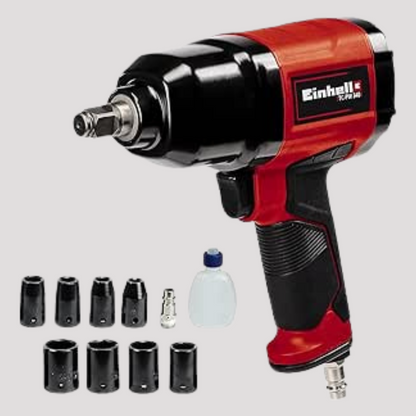 Einhell TC-PW 340 Avvitatore a impulsi pneumatico (torsione max 340 Nm, pressione max 6.3 bar, giri min. 7500, portata aria 142 L/min, incl. 8 inserti a bussola e boccetta d'olio)